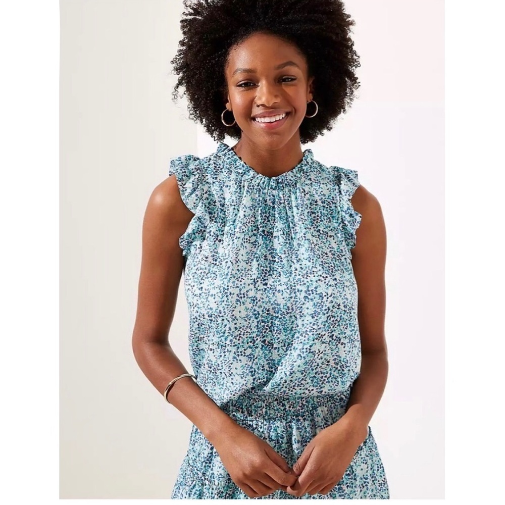 LOFT Blue Floral Ruffled Sleeveless Blouse